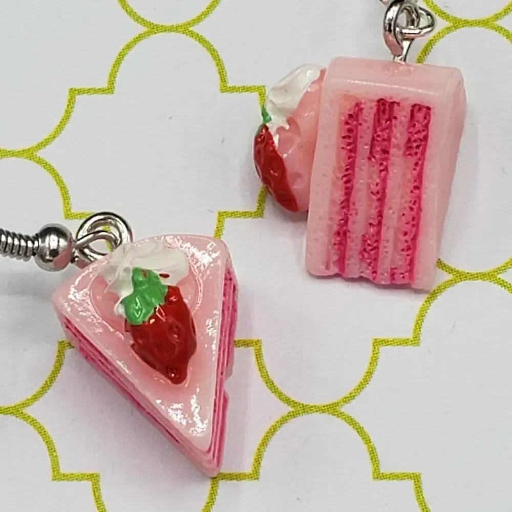 handmade Strawberry layered cake & chocolate donut‎ sweet treat earring set